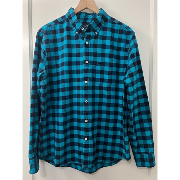 American Eagle Outfitters Men's Blue Checkered Button Down Shirt Size L *READ* - Picture 1 of 12